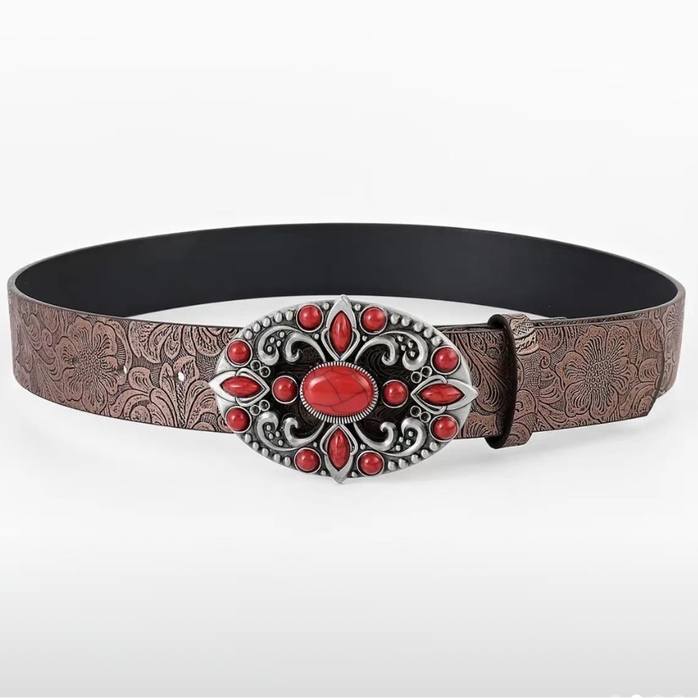 Pu Leather Boho Western Red Gemstone Belt